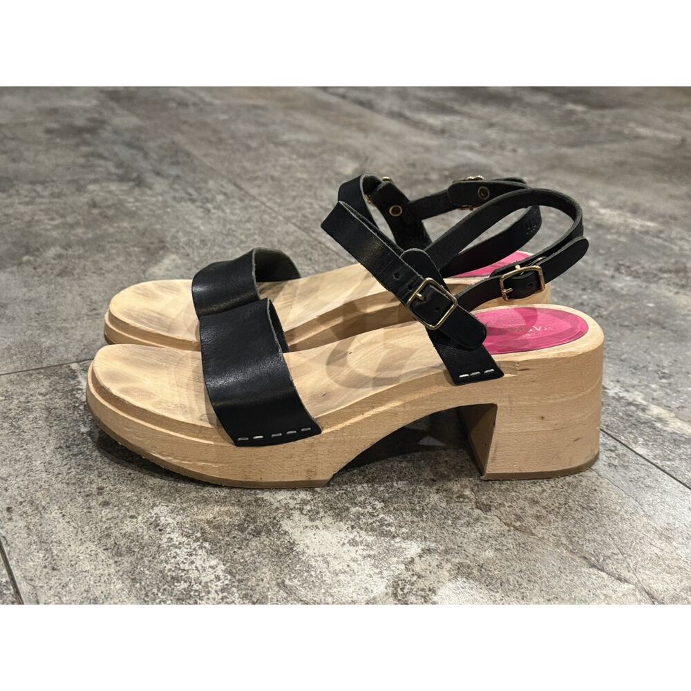 Swedish Hasbeens Maggan Y2K Retro Black Leather Sandal Clogs 40 9 Chunky Heel